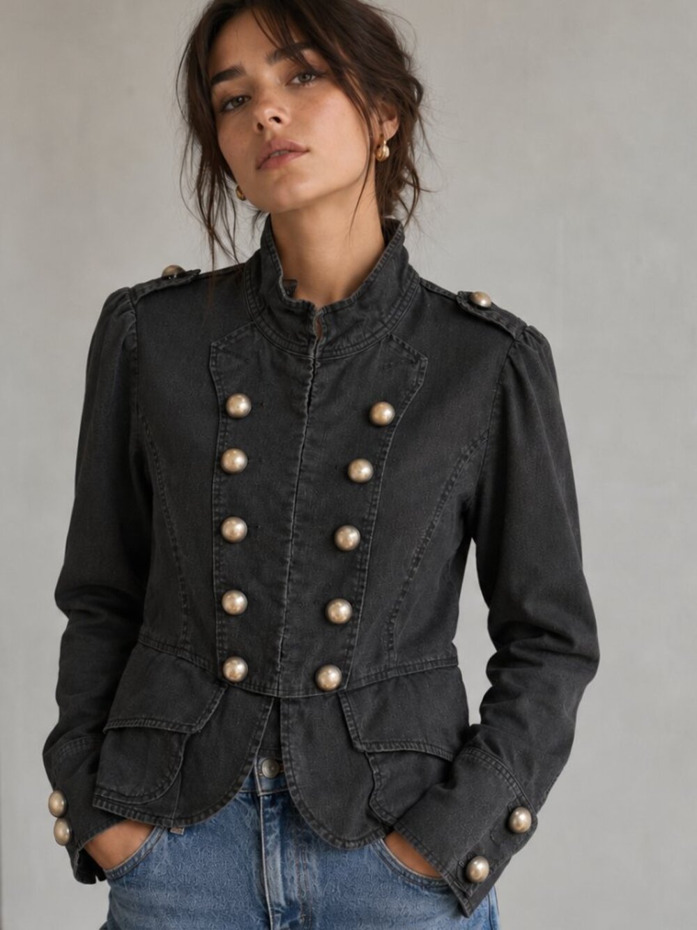 Younique Black Military-Style Utility Jacket with Decorative Buttons